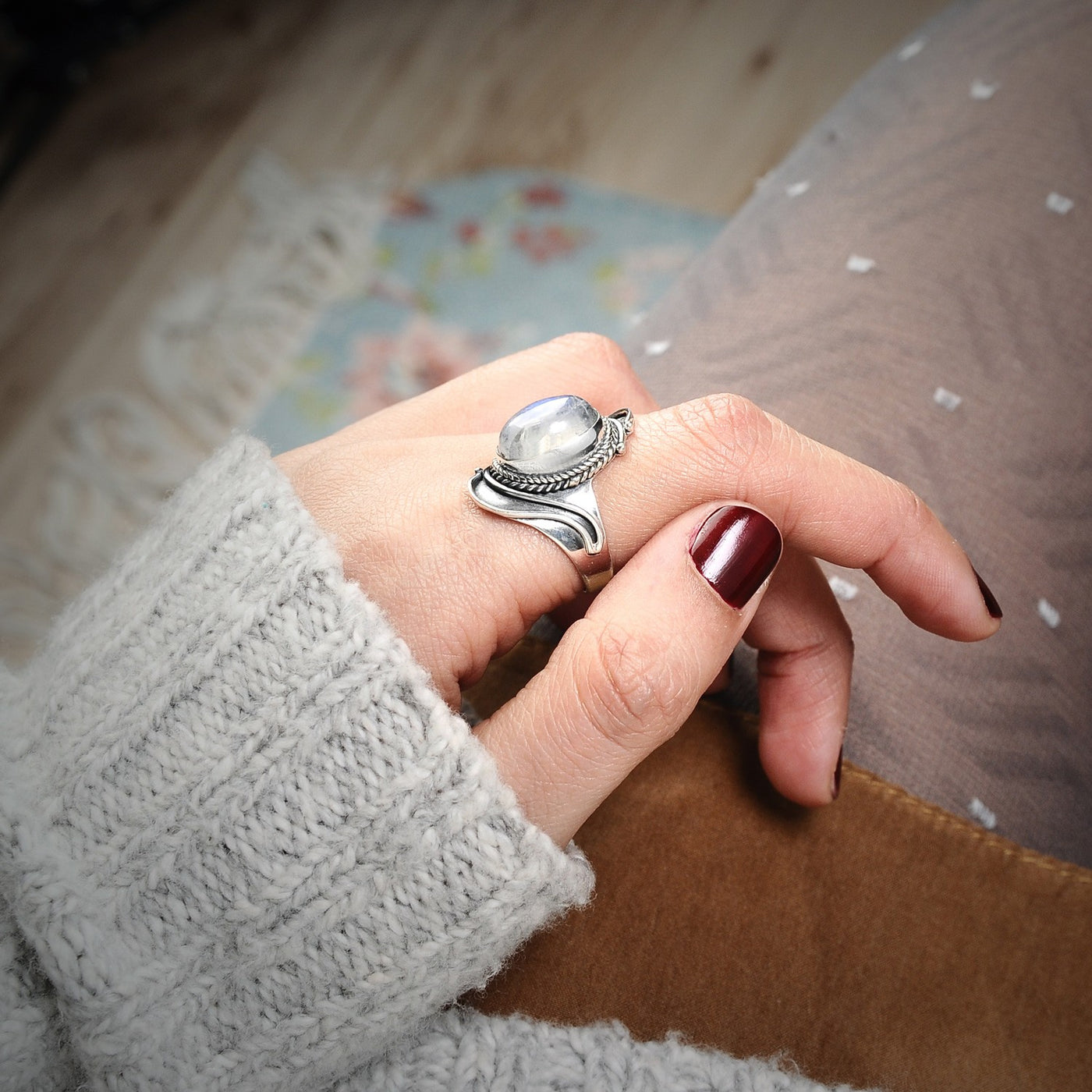 Sterling Silver Large Moonstone Boho Ring