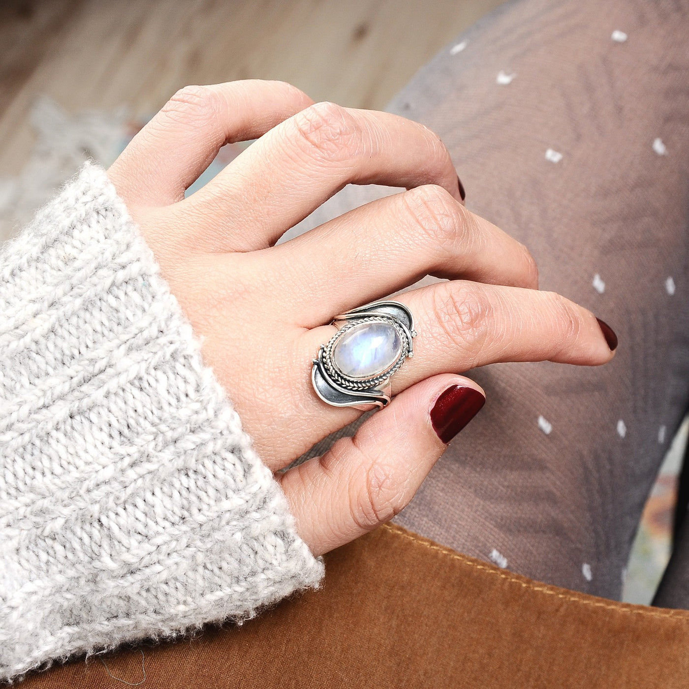 Sterling Silver Large Moonstone Boho Ring