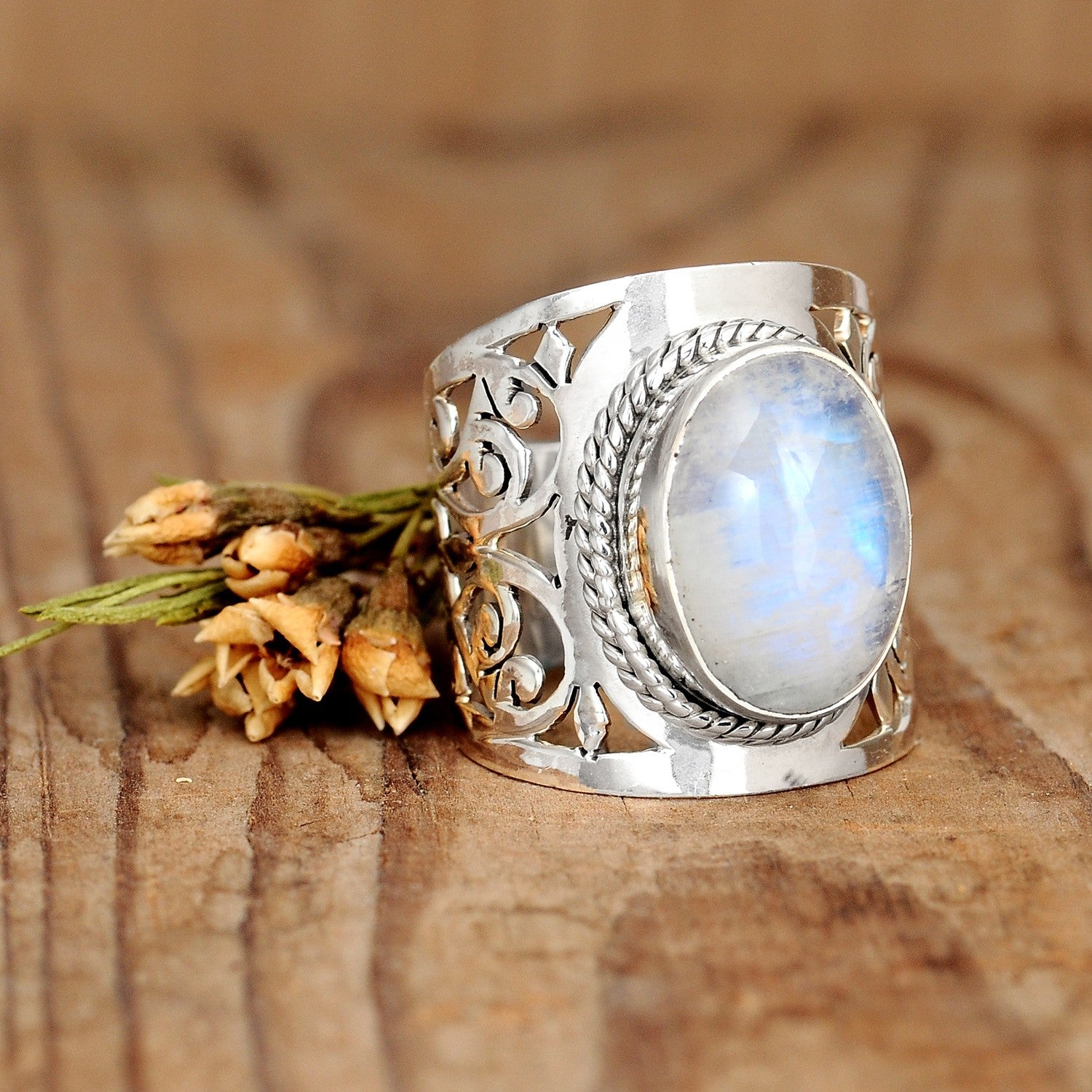 Large Moonstone Filigree Ring – Boho Magic Jewelry