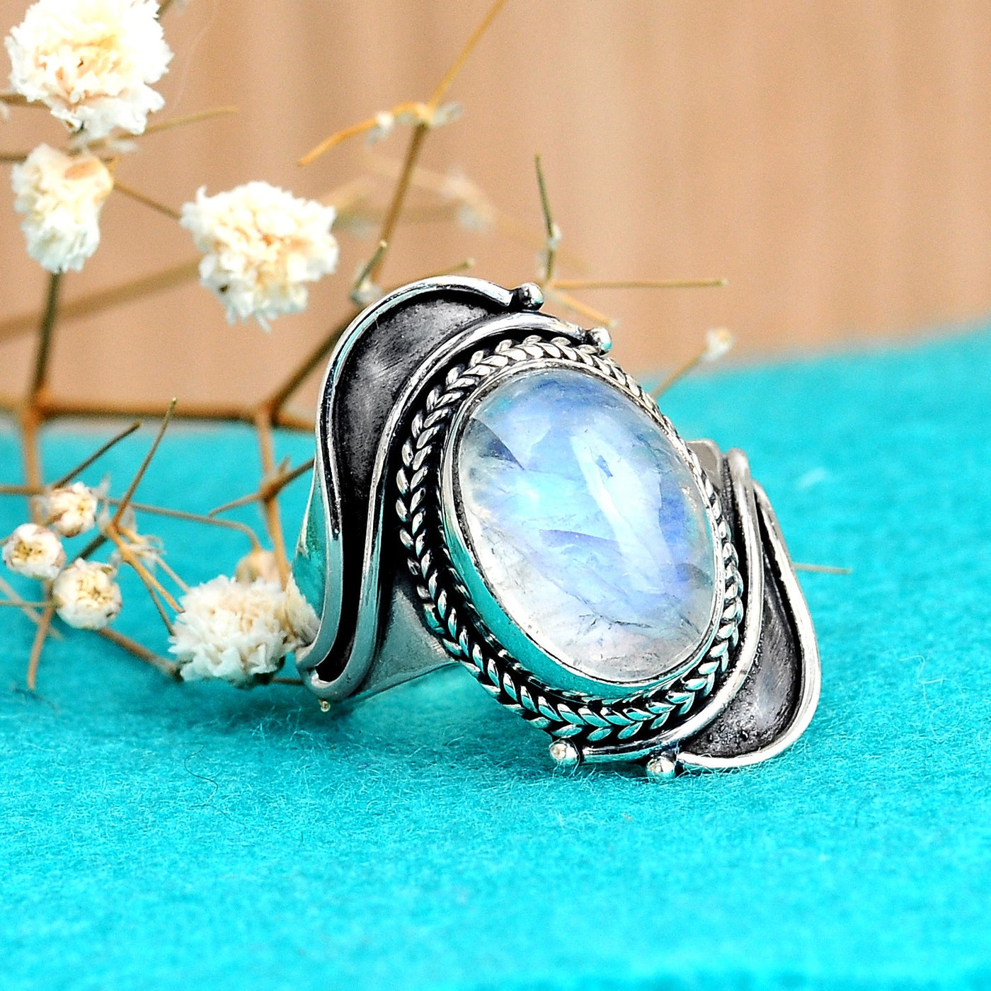 Sterling Silver Large Moonstone Boho Ring – Boho Magic Jewelry