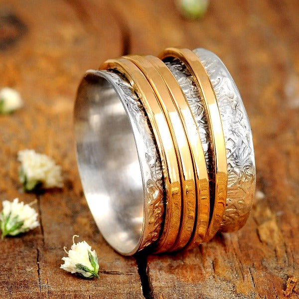 Textured Silver & Gold Brass Spinner Ring