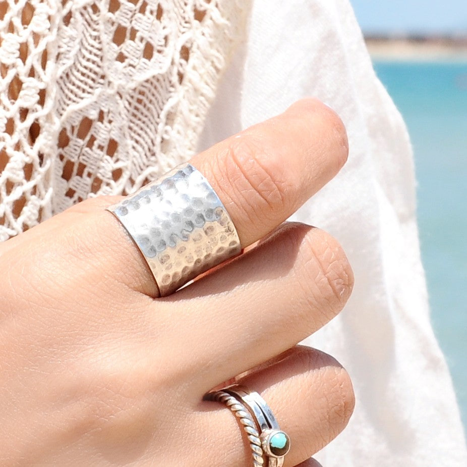 Hammered Sterling Silver Wide Band Ring