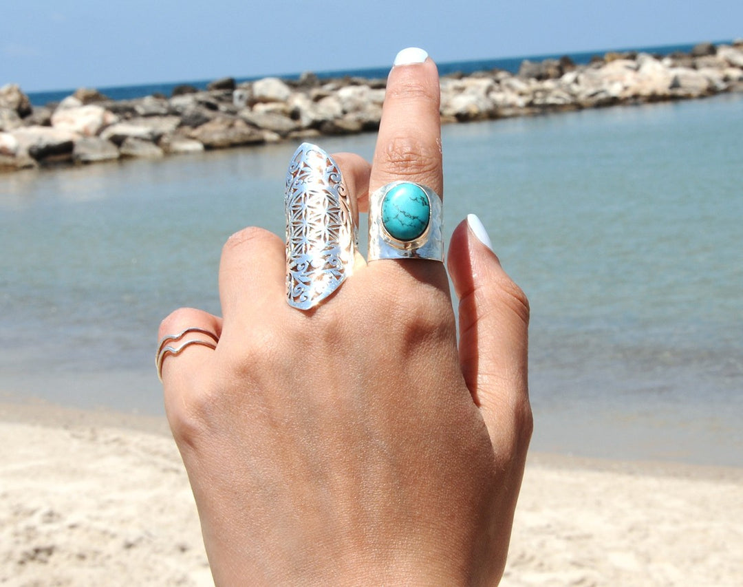 Statement-Ring aus Sterlingsilber für ganze Finger, Symbol der Blume des Lebens