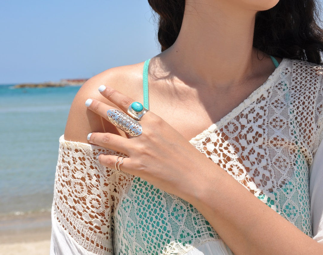 Statement-Ring aus Sterlingsilber für ganze Finger, Symbol der Blume des Lebens