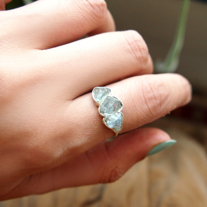 Three Stone Raw Aquamarine Ring Sterling Silver