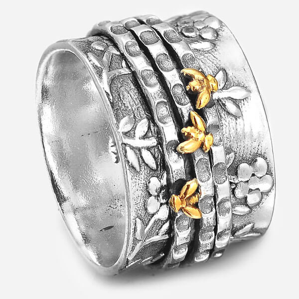 Flowers Spinner Ring with Tiny Bees Sterling Silver
