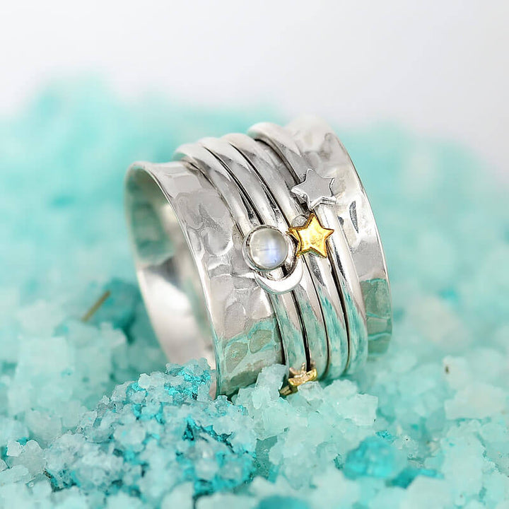 Fidget Ring Moon Moonstone and Stars Sterling Silver