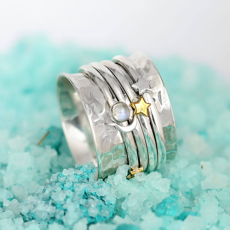 Fidget Ring Moon Moonstone and Stars Sterling Silver