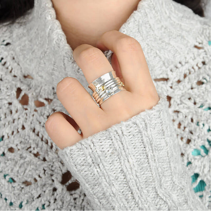 Fidget Ring Moon Moonstone and Stars Sterling Silver