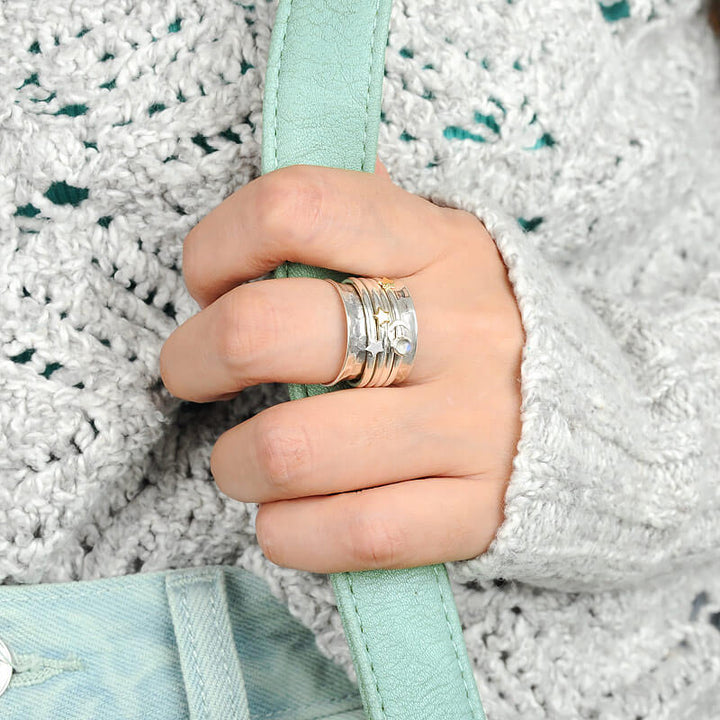 Fidget Ring Mond Mondstein und Sterne Sterling Silber