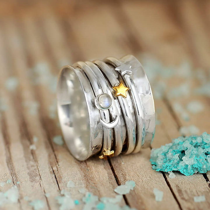 Fidget Ring Moon Moonstone and Stars Sterling Silver