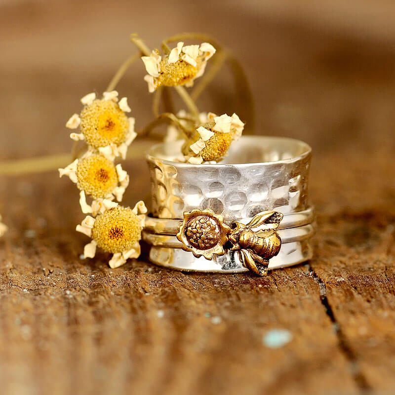 Fidget Sunflower and Bee Ring Sterling Silver