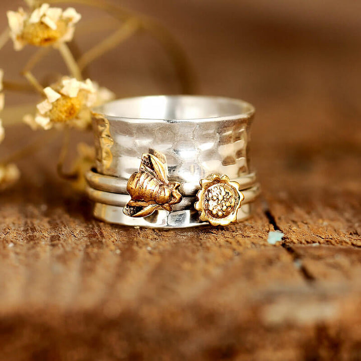 Fidget Sunflower and Bee Ring Sterling Silver