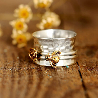 Fidget Sunflower and Bee Ring Sterling Silver - Boho Magic