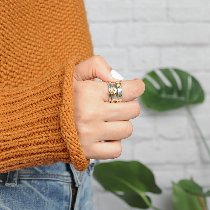 Fidget Sunflower and Bee Ring Sterling Silver