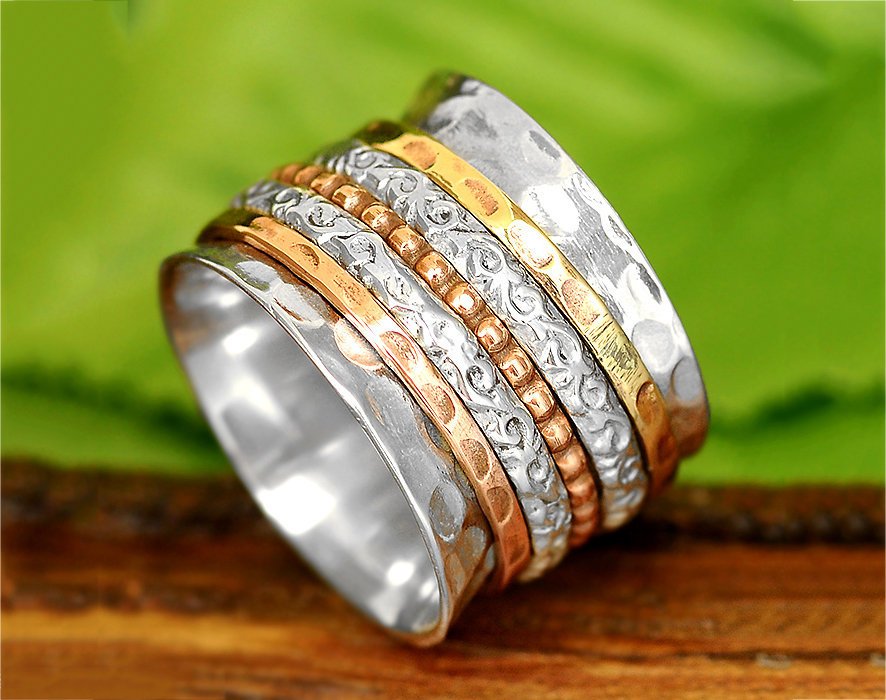 Two Tone Wide Band Spinner Ring Hammered Sterling Silver