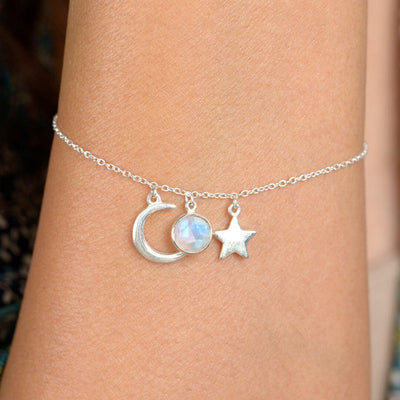 Star Moon and Moonstone Sterling Silver Bracelet - Boho Magic