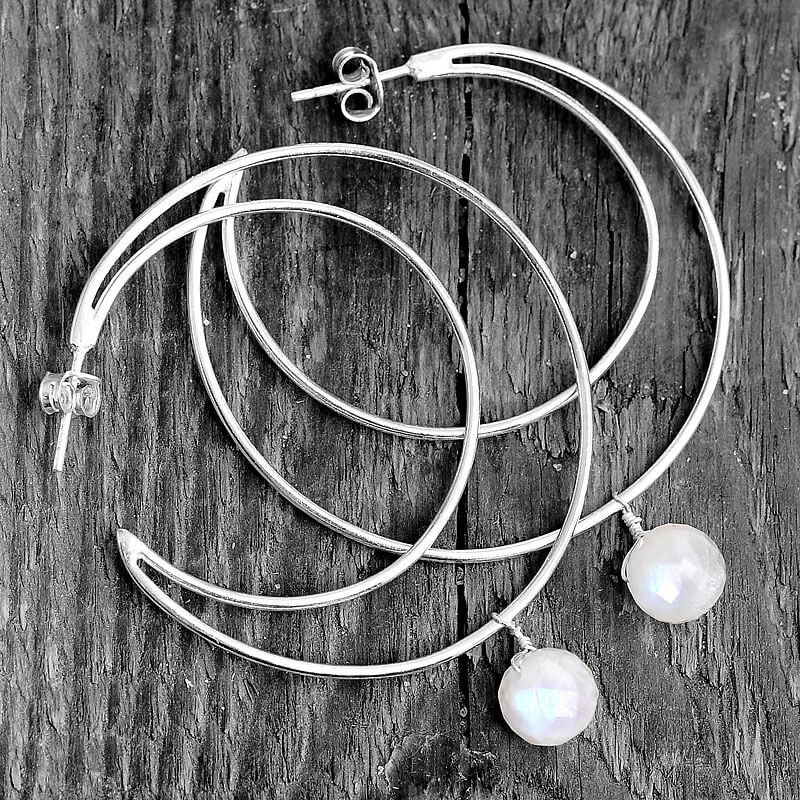 Large Hoop Moon Earrings with Moonstone in Sterling Silver