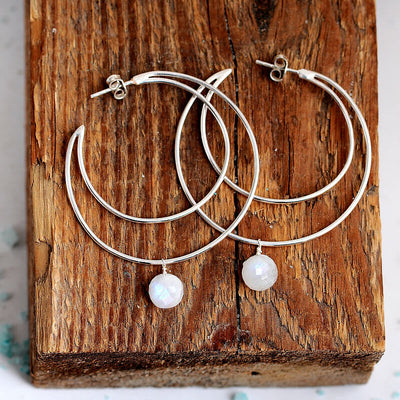 Large Hoop Moon Earrings with Moonstone in Sterling Silver - Boho Magic