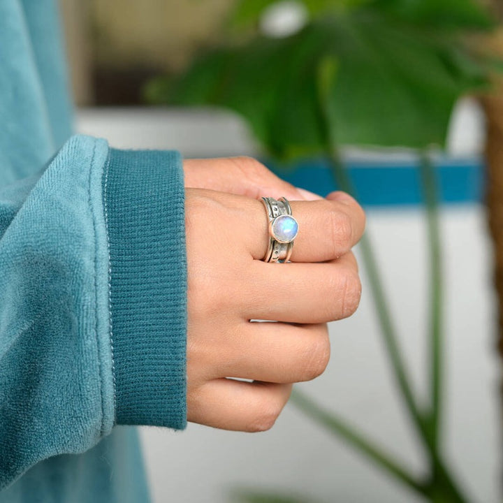 Stars Moon and Moonstone Fidget Ring Sterling Silver