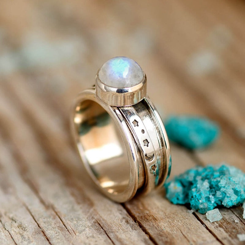 Stars Moon and Moonstone Fidget Ring Sterling Silver