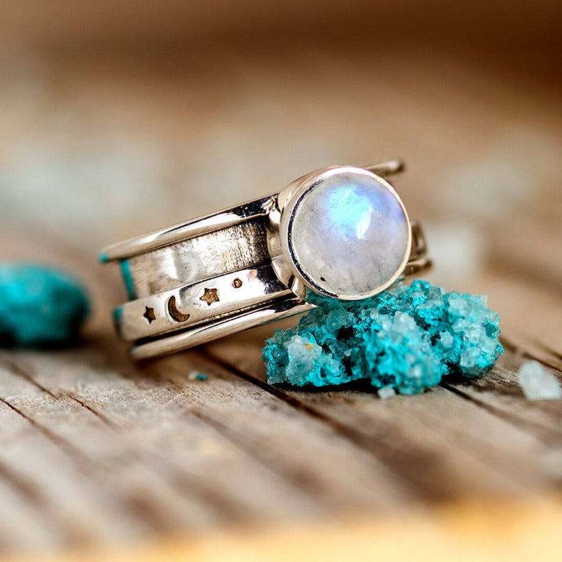 Stars Moon and Moonstone Fidget Ring Sterling Silver