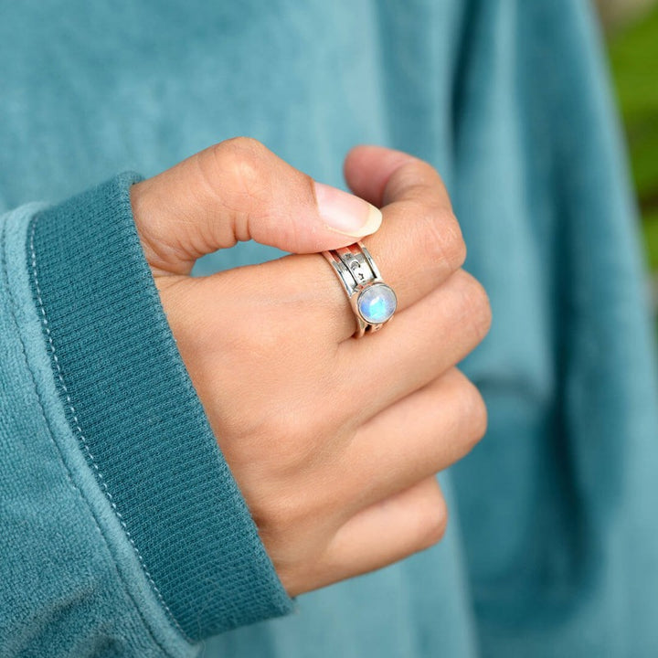 Stars Moon and Moonstone Fidget Ring Sterling Silver