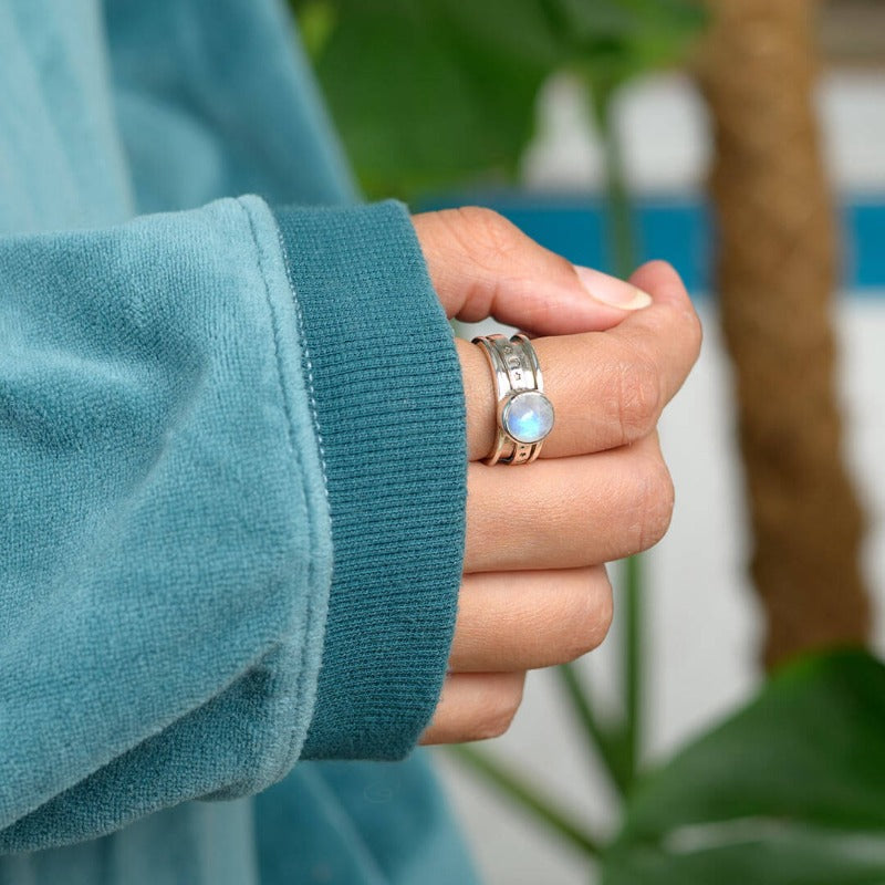 Stars Moon and Moonstone Fidget Ring Sterling Silver