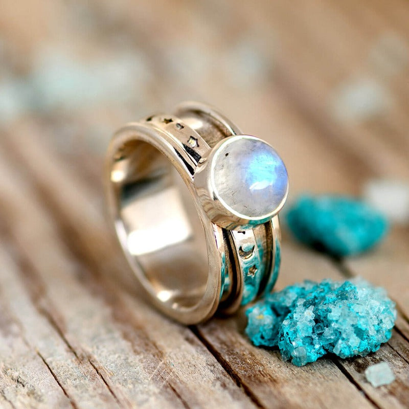 Stars Moon and Moonstone Fidget Ring Sterling Silver