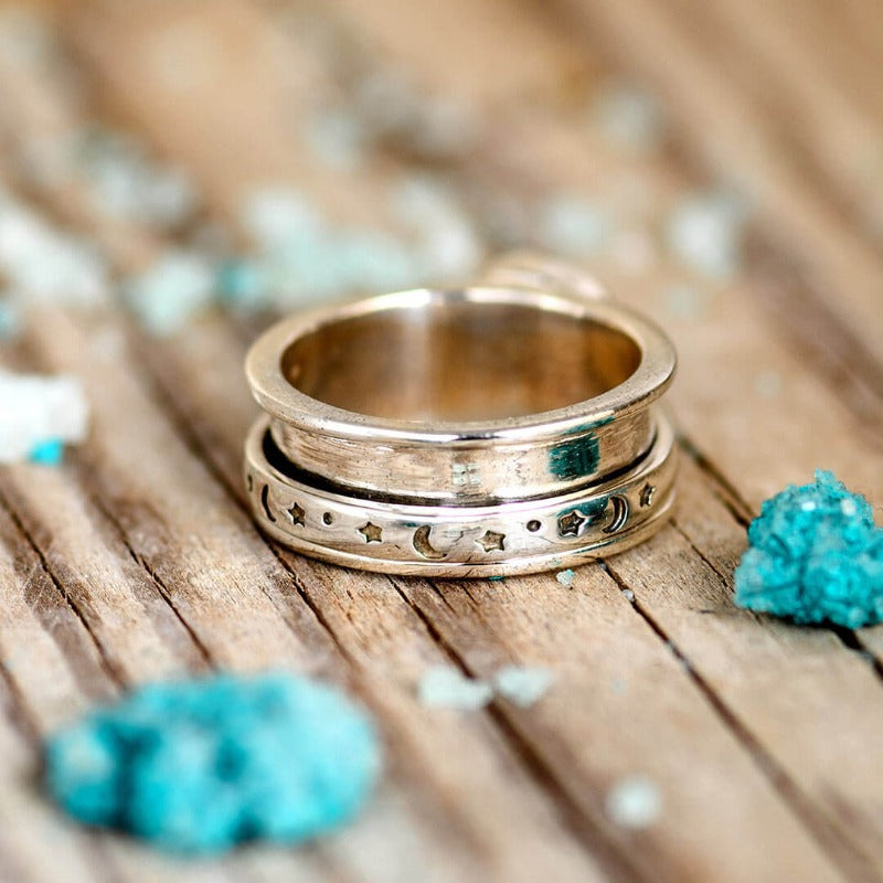 Stars Moon and Moonstone Fidget Ring Sterling Silver