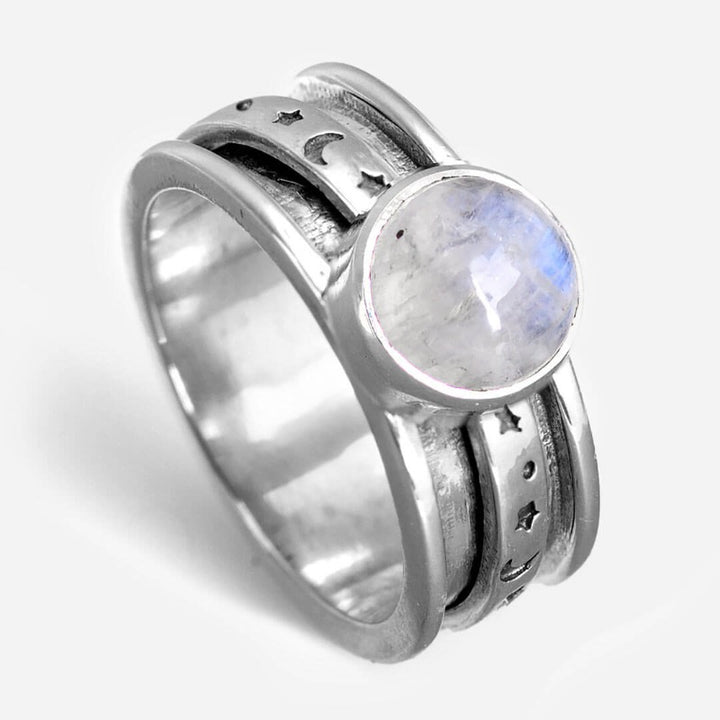 Stars Moon and Moonstone Fidget Ring Sterling Silver