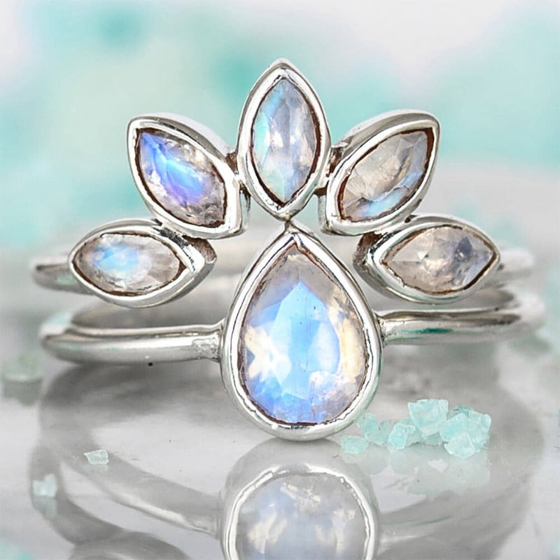Rainbow Moonstone Stacking Ring Set Sterling Silver