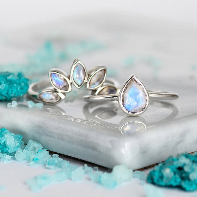 Rainbow Moonstone Stacking Ring Set Sterling Silver