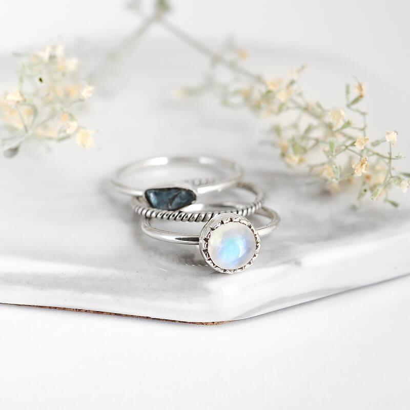 Moonstone and Aquamarine Ring Stacking Set Sterling Silver