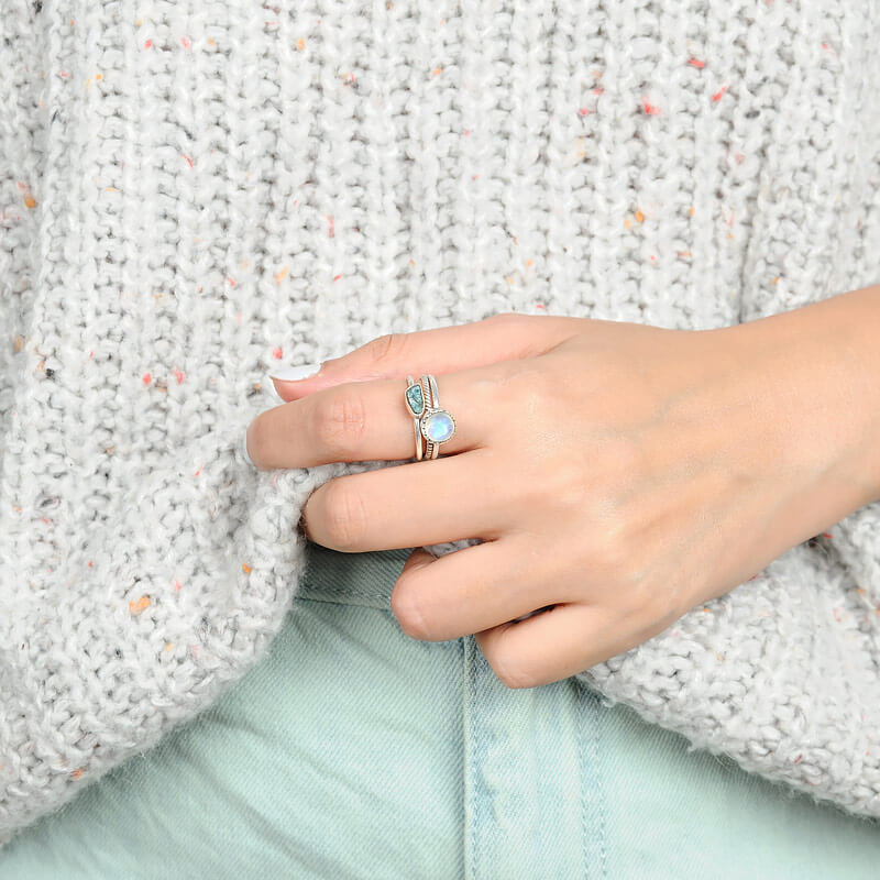 Moonstone and Aquamarine Ring Stacking Set Sterling Silver