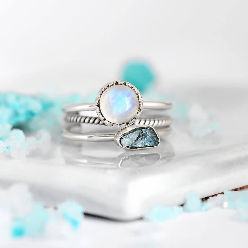 Moonstone and Aquamarine Ring Stacking Set Sterling Silver