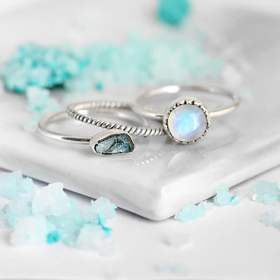 Moonstone and Aquamarine Ring Stacking Set Sterling Silver - Boho Magic