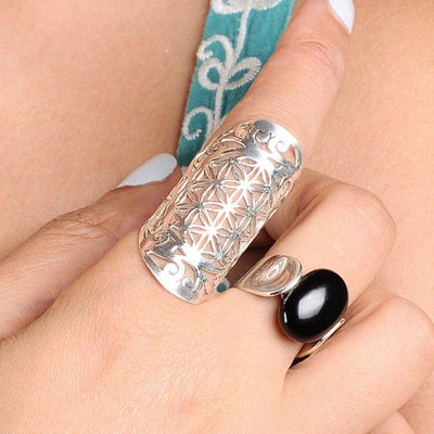 Full Finger Ring Flower of Life Symbol Sterling Silver - Boho Magic