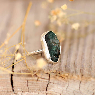 Raw Stone Emerald Ring Sterling Silver - Boho Magic