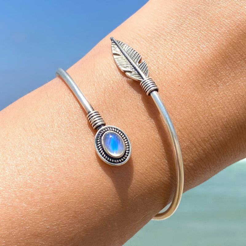 Feather Moonstone Bangle Bracelet Sterling Silver