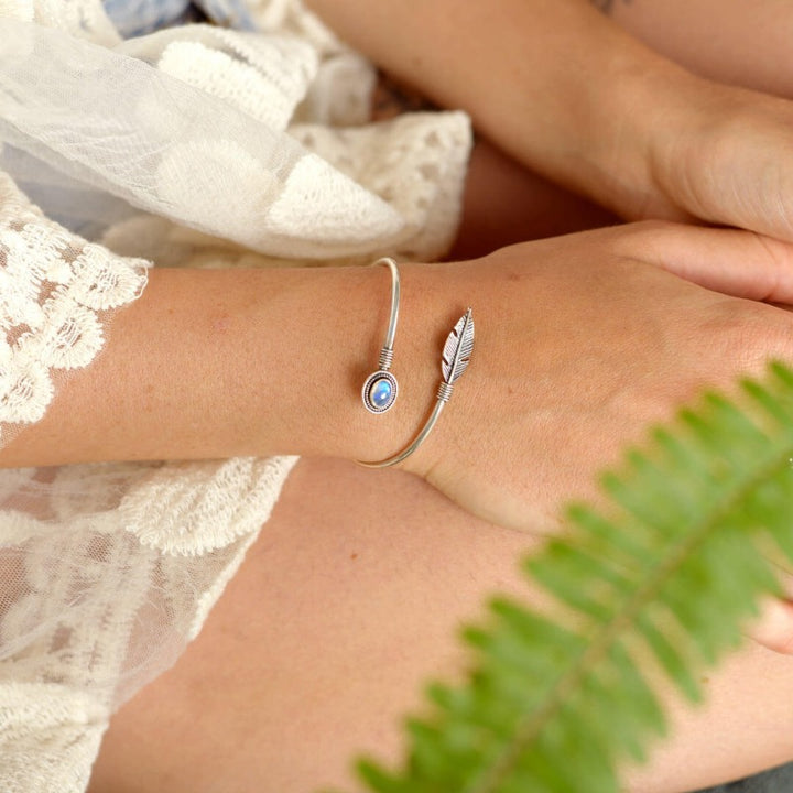 Feather Moonstone Bangle Bracelet Sterling Silver