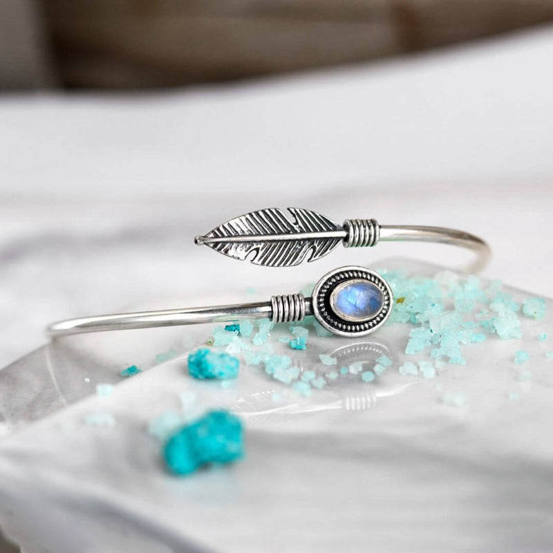 Feather Moonstone Bangle Bracelet Sterling Silver