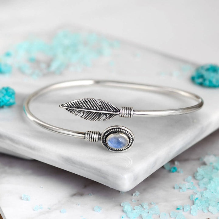 Feather Moonstone Bangle Bracelet Sterling Silver