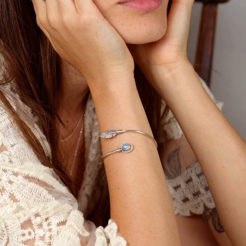 Feather Moonstone Bangle Bracelet Sterling Silver