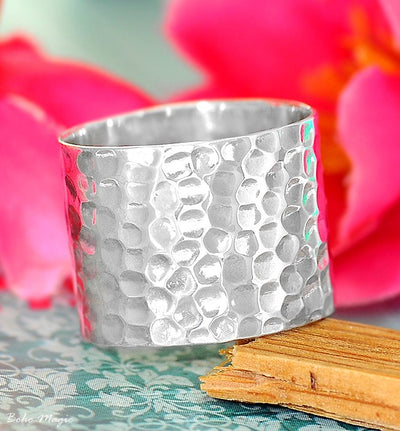 Hammered Sterling Silver Wide Band Ring - Boho Magic