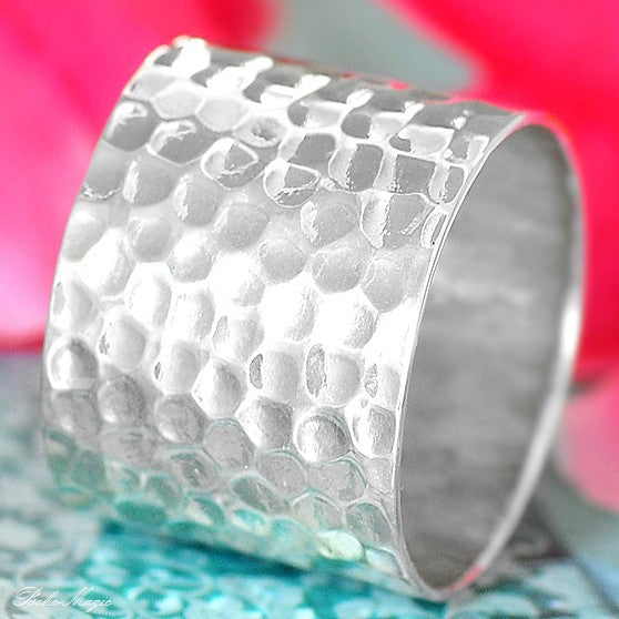 Hammered Sterling Silver Wide Band Ring – Boho Magic Jewelry