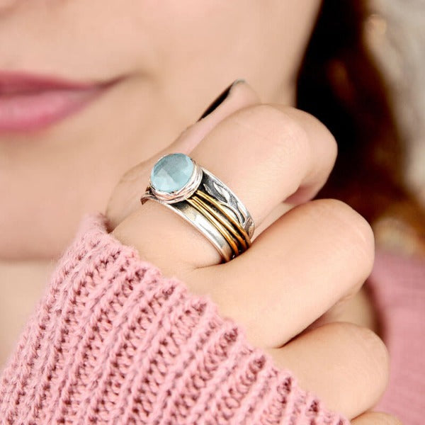 Aquamarine Spinner Ring Inspired by Nature Sterling Silver