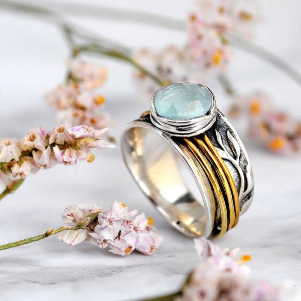 Aquamarine Spinner Ring Inspired by Nature Sterling Silver
