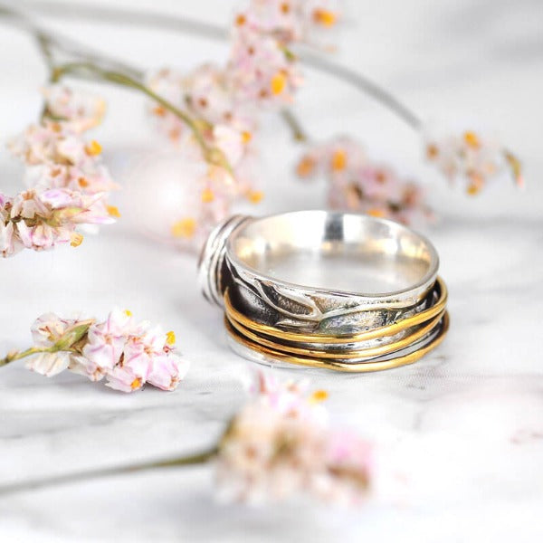 Aquamarine Spinner Ring Inspired by Nature Sterling Silver