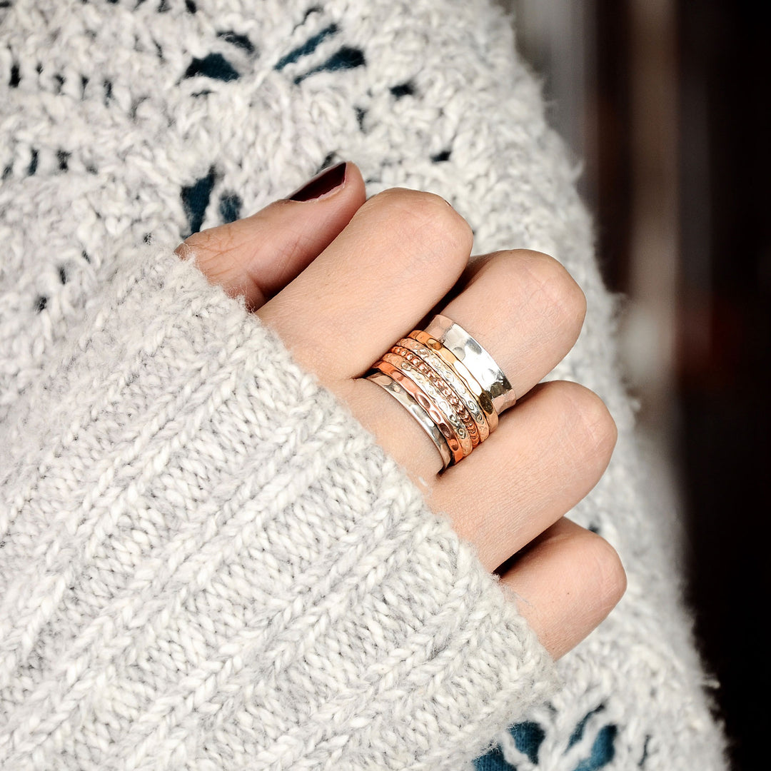 Two Tone Wide Band Spinner Ring Hammered Sterling Silver